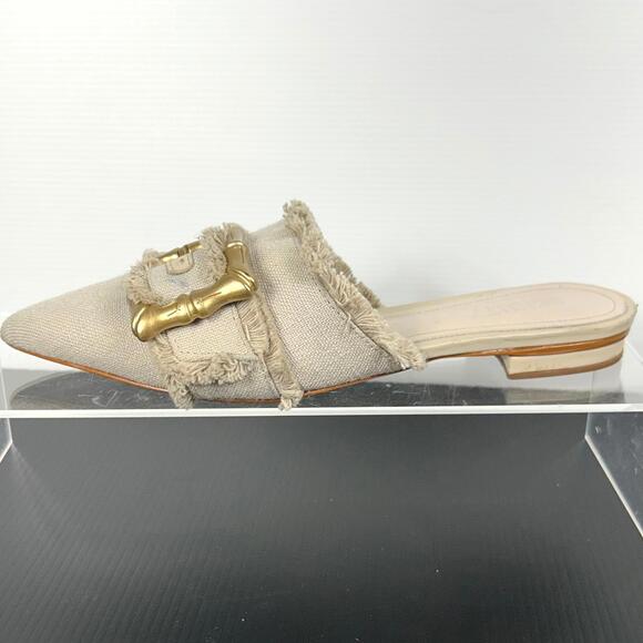 Schutz size 6.5 B Beige Frayed Mules Gold‎ tan canvas Buckle Womens - Picture 6 of 13